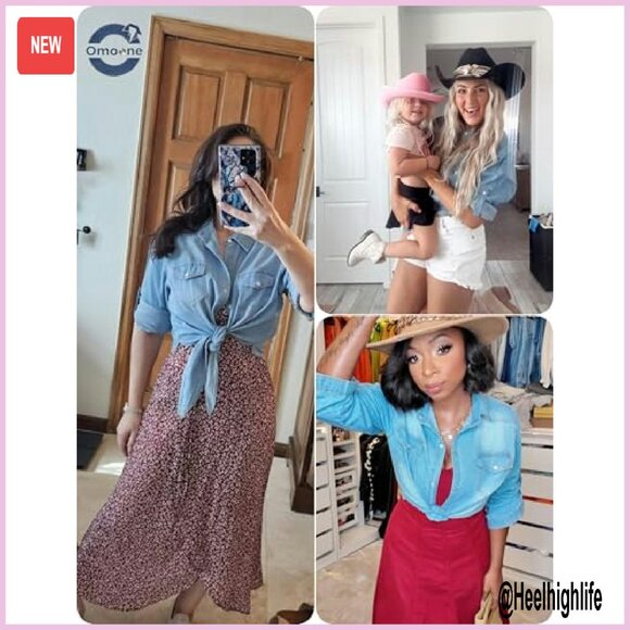 Women's 3/4 Sleeve Denim Crop Top Tie Knot Cardigan Shirt - Picture 5 of 8